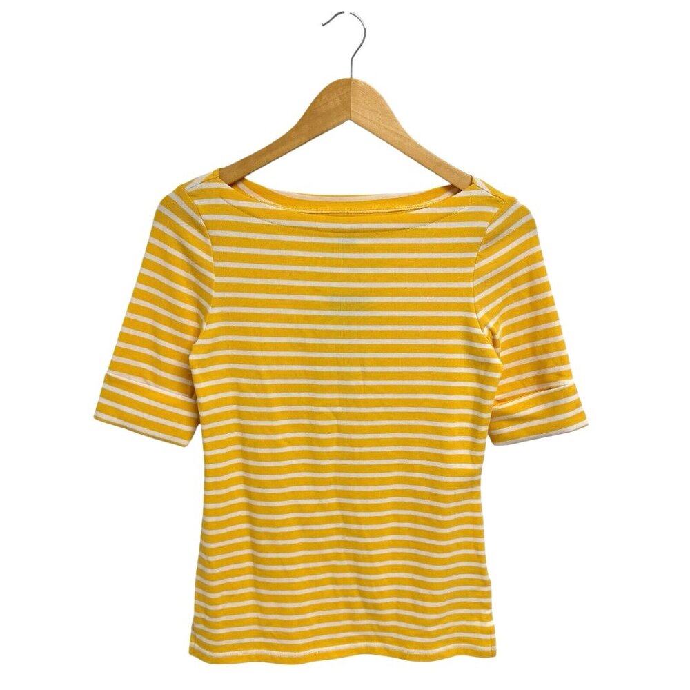 Chaps women's boat neck yellow striped top short sleeve size S